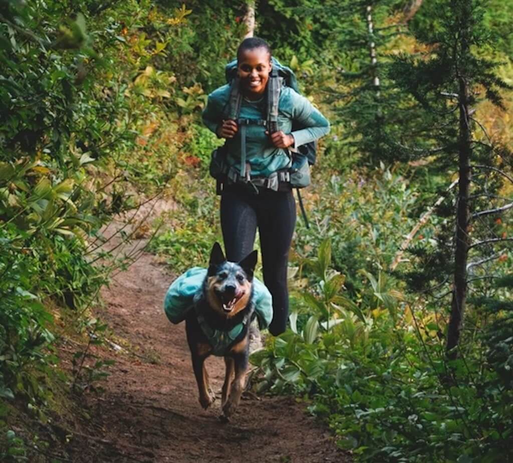 A lifestyle photo of Ruffwear Front Range Dog Pack on a dog hiking with their owner.