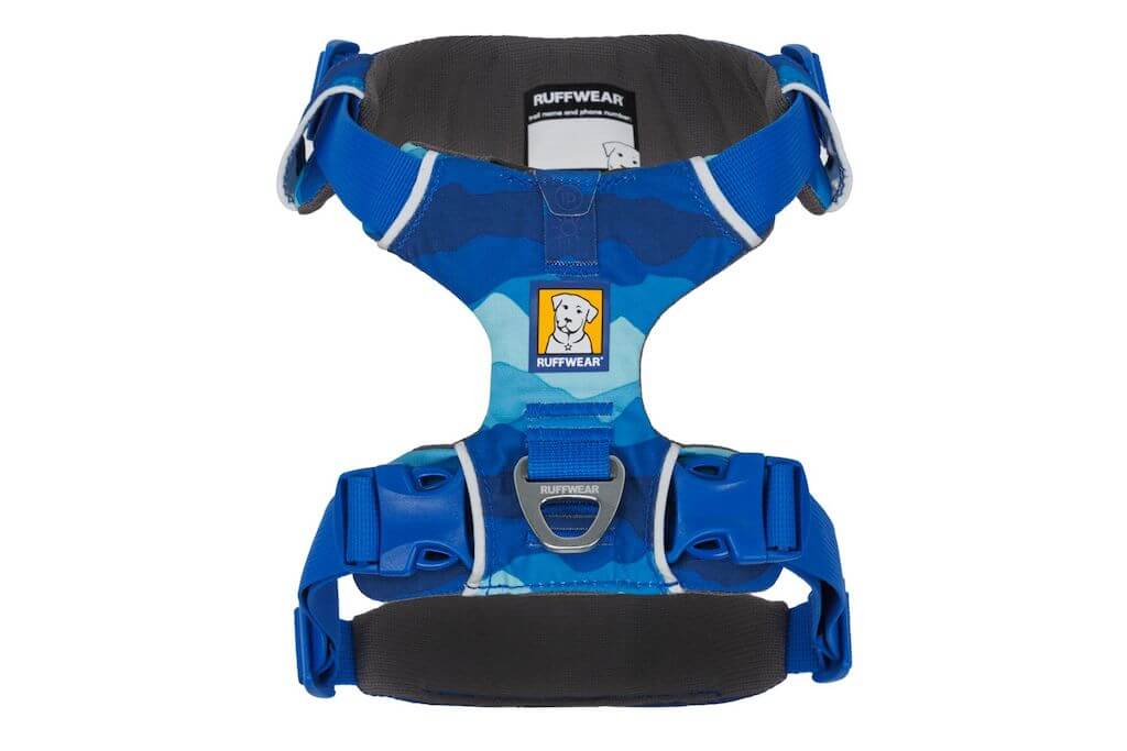 Ruffwear Front Range Dog Harness in Coastal Mountains top view.