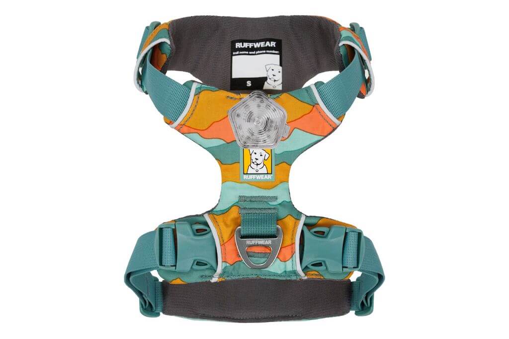 Front Range Dog Harness showing it from the top with a Beacon Light attached