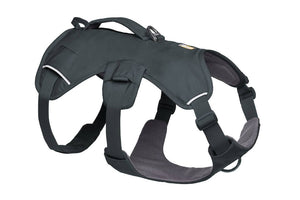 A Basalt Gray Ruffwear Web Master Dog Harness with a secure back lifting handle, chest protection, and multiple leash attachment points.