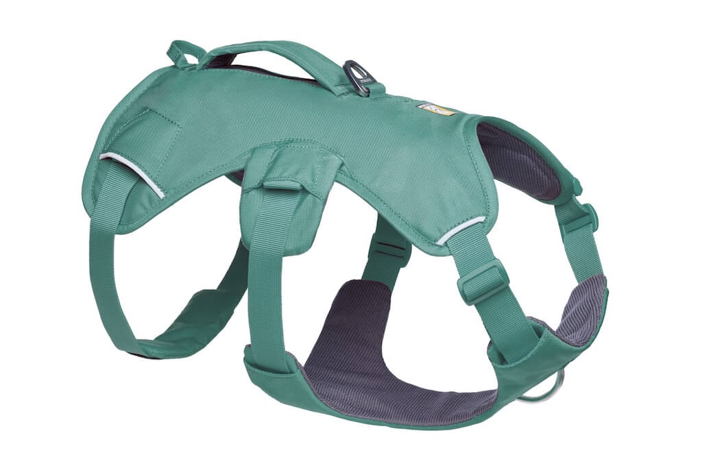 A red Ruffwear Web Master Dog Harness with a secure back lifting handle, chest protection, and multiple leash attachment points.