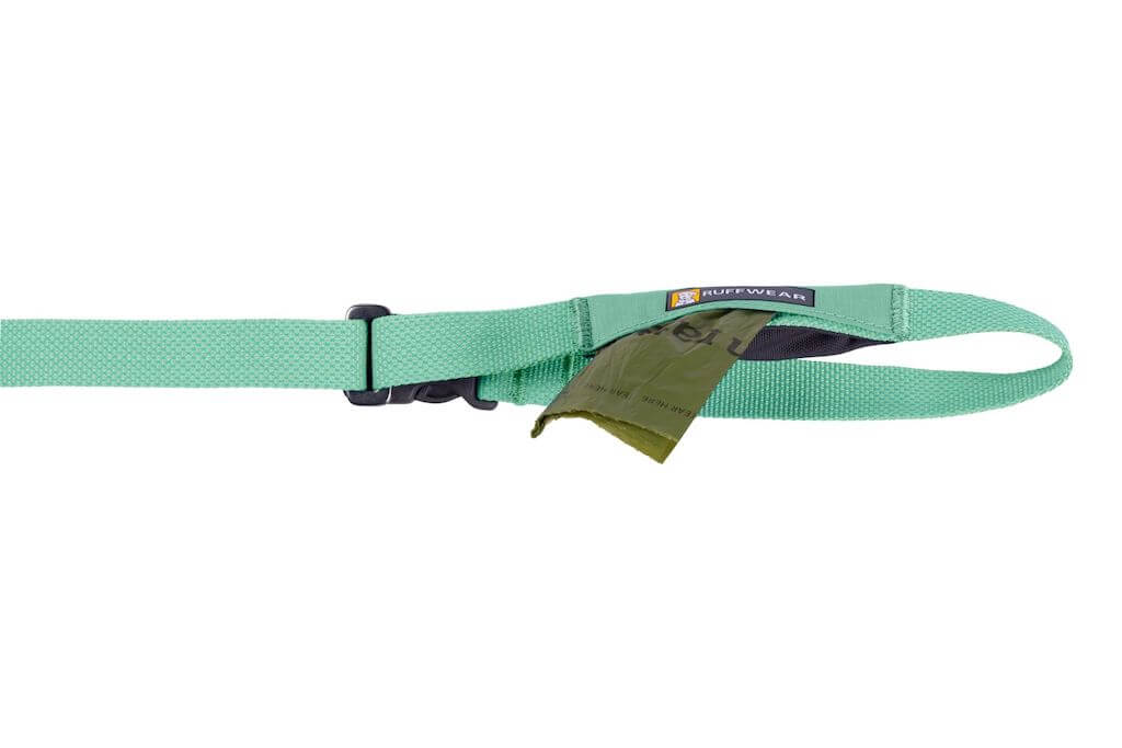 The Ruffwear Flagline Dog Leash has a small pocket on the handle that can hold 1-2 poop bags