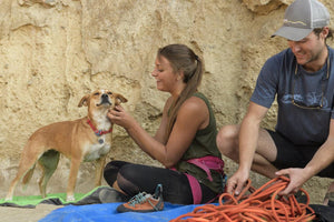 Happy dog with climbers wearing a Red Ruffwear Knot-a-Collar