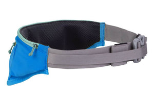 Ruffwear Trail Runner hip belt in 'Blue Pool' colour that allows you to attach a leash. It has zippered pockets.  Designed for hands-free dog walking or running.