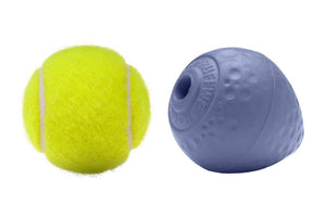 Ruffwear TurnUp Dog Toy showing size next to a tennis ball