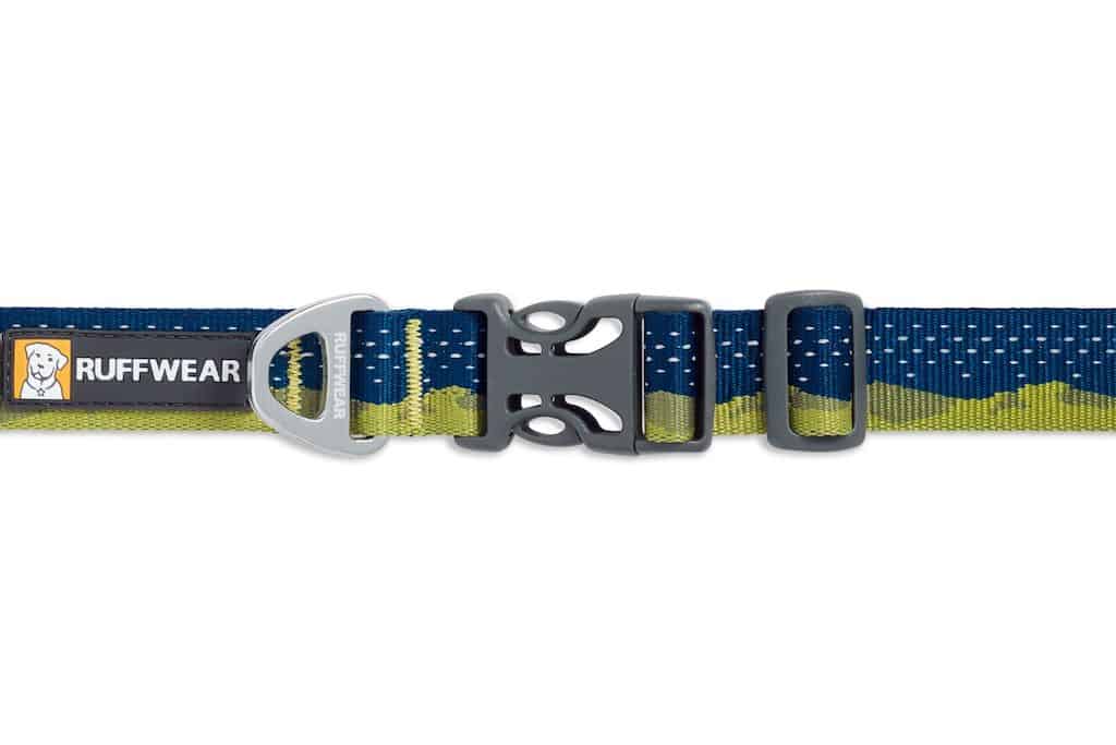 Ruffwear Crag Dog Collar in Green Hills pattern closeup to show the easy release buckle