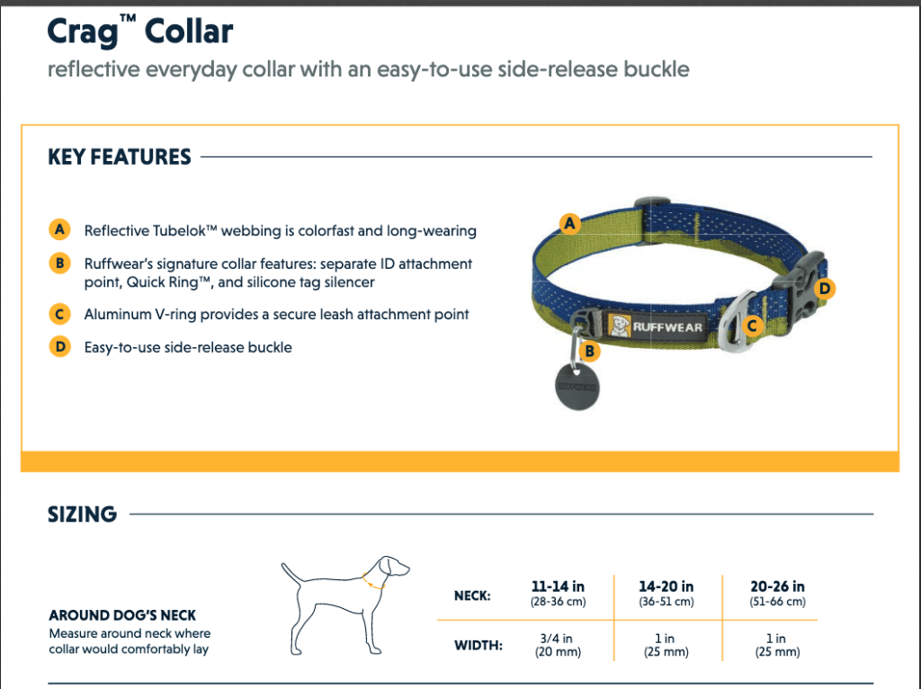 Chart showing the features of a Ruffwear Crag Collar