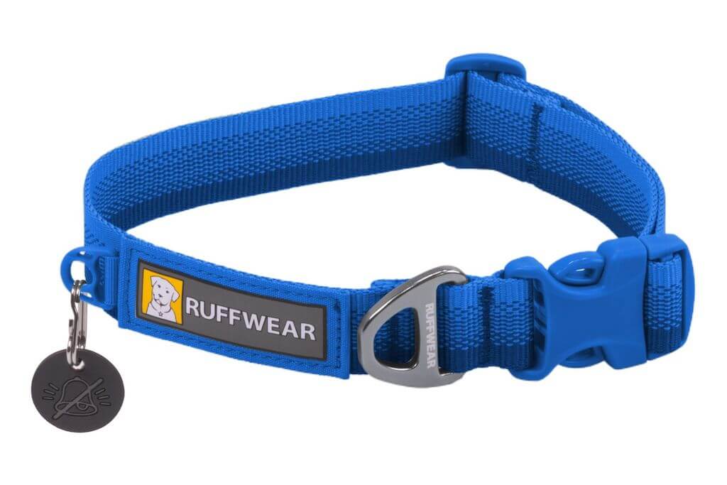 A bright red Ruffwear Front Range Dog Collar in Canyon Red with a silver metal D-ring and a black plastic quick-release buckle, shown on a plain white background.
