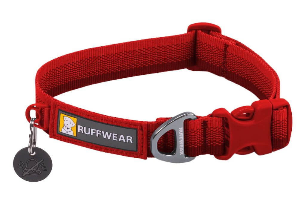 A bright red Ruffwear Front Range Dog Collar in Canyon Red with a silver metal D-ring and a black plastic quick-release buckle, shown on a plain white background.