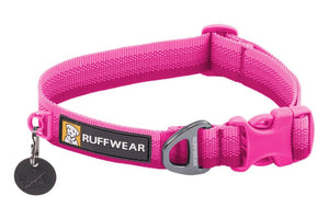A bright pink Ruffwear Front Range Dog Collar in Pink Mountains with a silver metal D-ring and a black plastic quick-release buckle, shown on a plain white background.