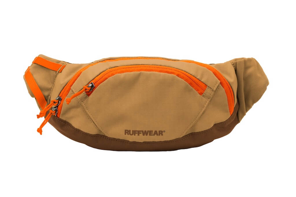 Ruffwear Home Trail Hip Pack in Brown Bear colour with orange zippers.  A bum bag for your dog walks.