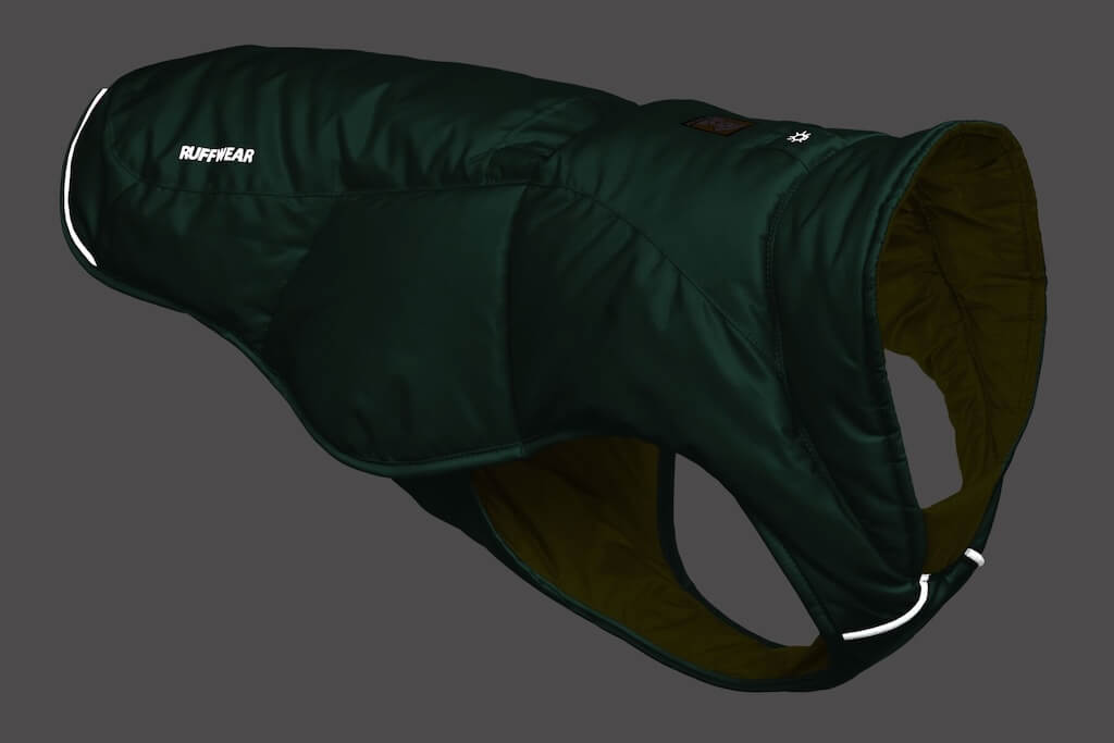 Ruffwear Quinzee Dog Coat in River Rock Green in the dark showing reflective trim