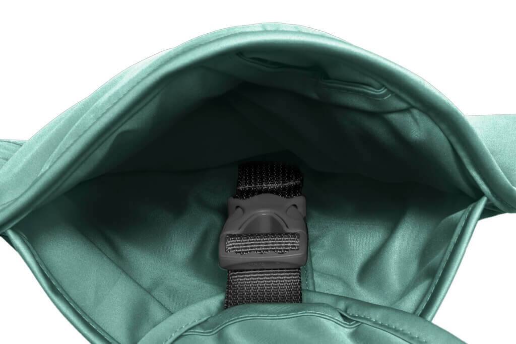 Ruffwear Quinzee Dog Coat in River Rock Green close up of side buckle