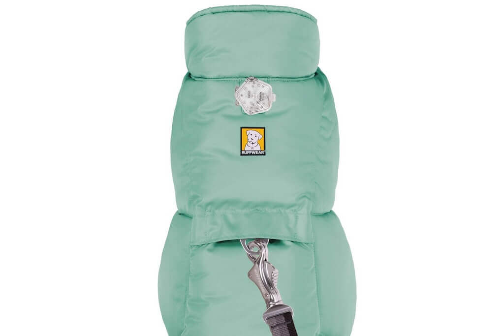 Ruffwear Quinzee Dog Coat in River Rock Green top view showing light loop and leash portal