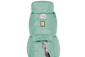 Ruffwear Quinzee Dog Coat in River Rock Green top view showing light loop and leash portal