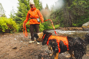 Ruffwear Rogue Long Line dog leash lifestyle photo of a dog attached to the leash and a smiling human