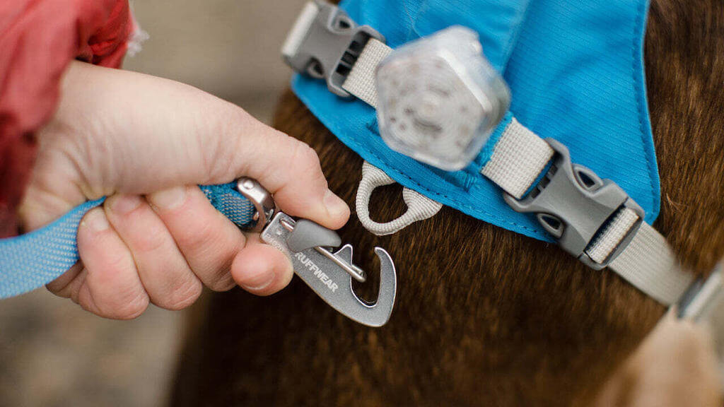 Close up of the lockable Crux Clip on the Ruffwear Flagline Dog Leash