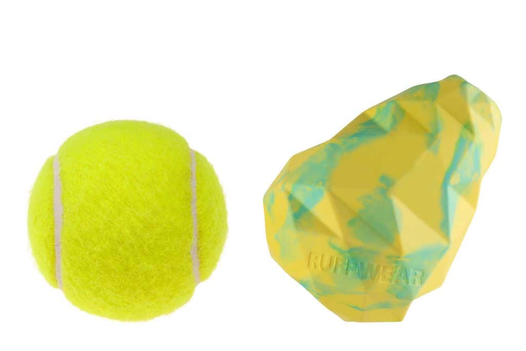 Ruffwear Gnawt-a-Cone Dog Toy showing size next to a tennis ball