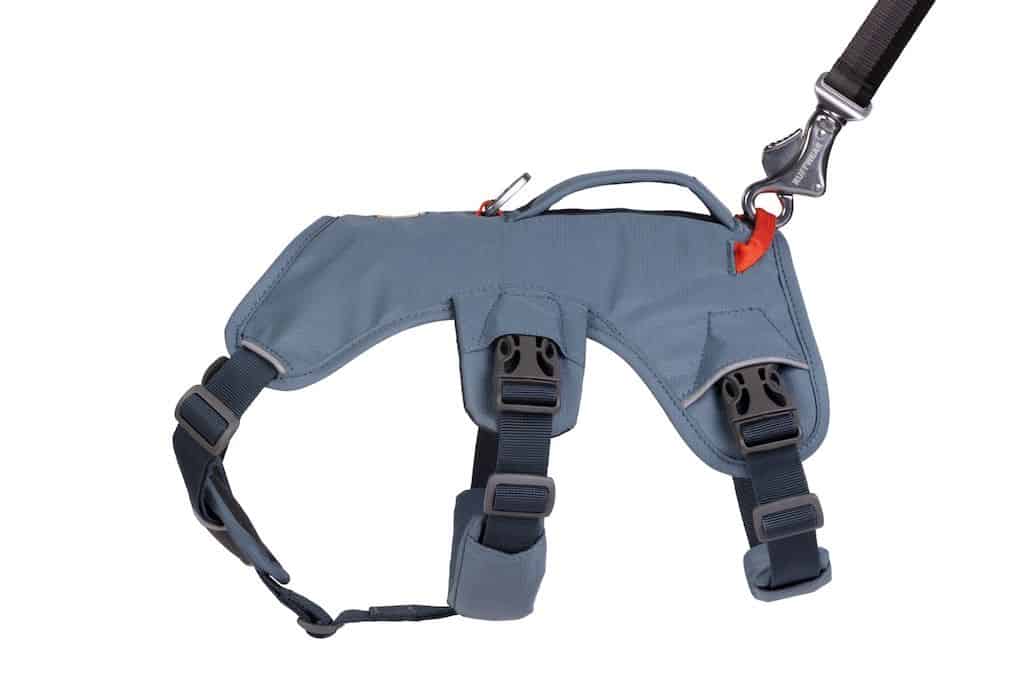 A close up showing the tow loop attachment point on the back of the Ruffwear Web Master Harness.